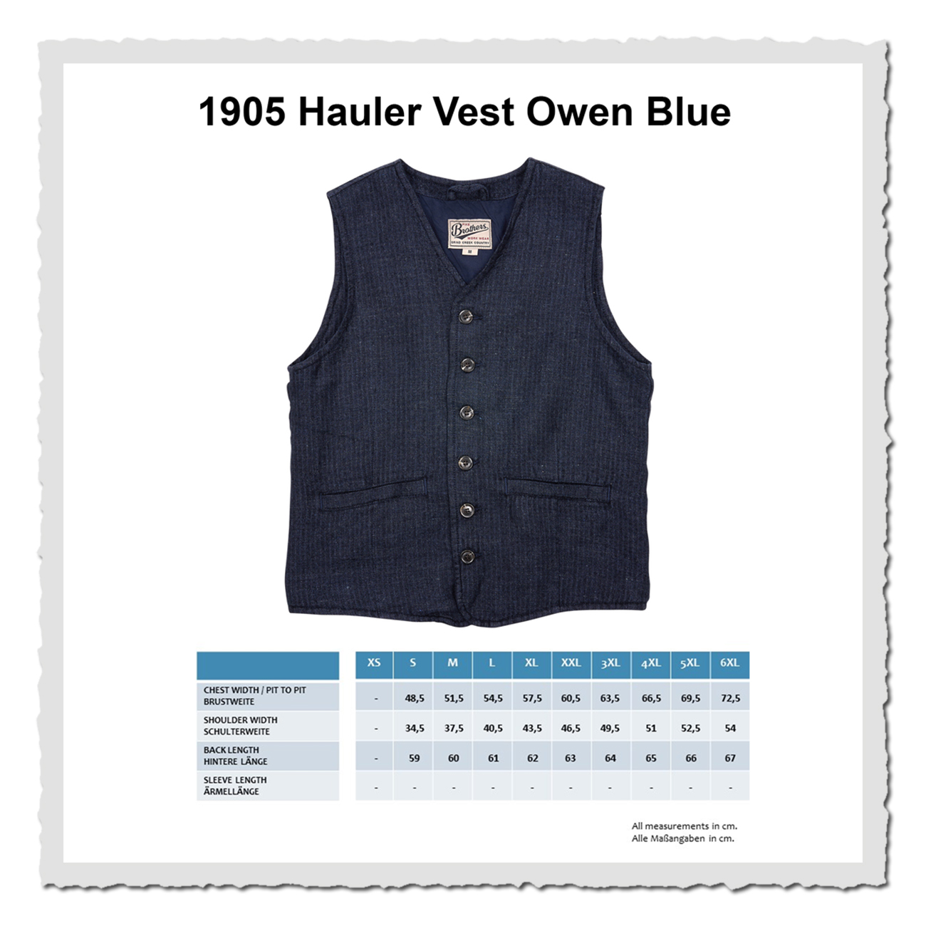 Masstabelle Pike Brothers 1905 Hauler Vest Owen Blue
